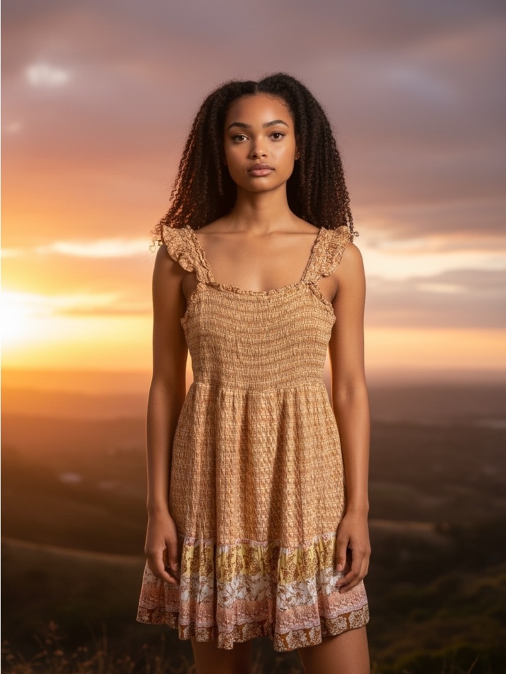 Cottagecore Smocked Top in Yellow, Brown and Cream